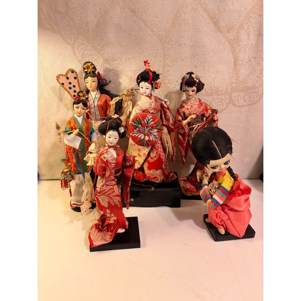 Vintage Asian Doll Lot Japanese Geisha Korean Hanbok Chinese Lantern Silk 7pc